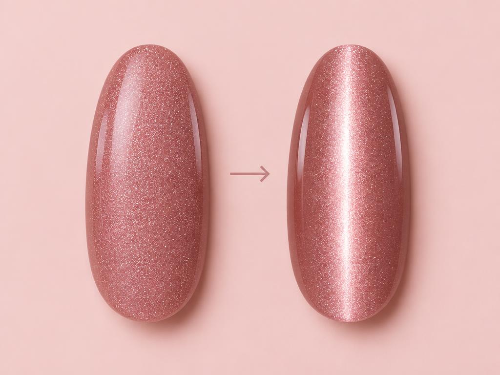 Nail swatch before and after: shimmer pulled into a cat-eye light band by the built-in magnet